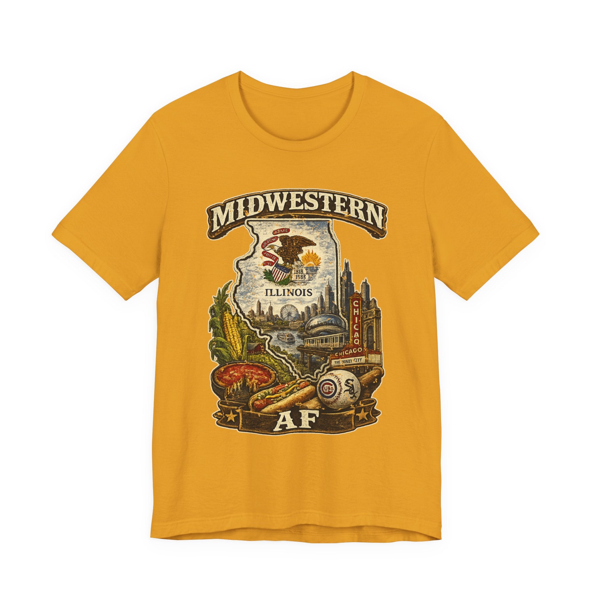 Family Friendly Midwestern AF Illinois T-Shirt in Mustard – a distressed vintage design featuring the Illinois state outline overlaid with the state flag, surrounded by the Chicago skyline, the Chicago Theatre sign, The Bean, deep-dish pizza, a Chicago-style hot dog, and towering corn fields