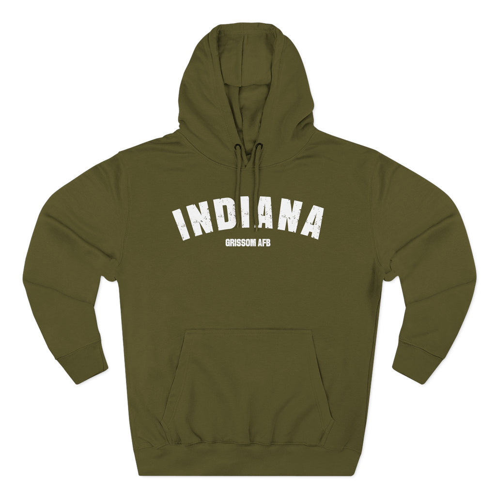 Personalized Indiana hoodie in Army Green laid flat, white varsity INDIANA above a custom base name