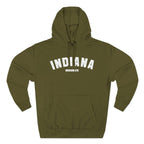 Personalized Indiana hoodie in Army Green laid flat, white varsity INDIANA above a custom base name
