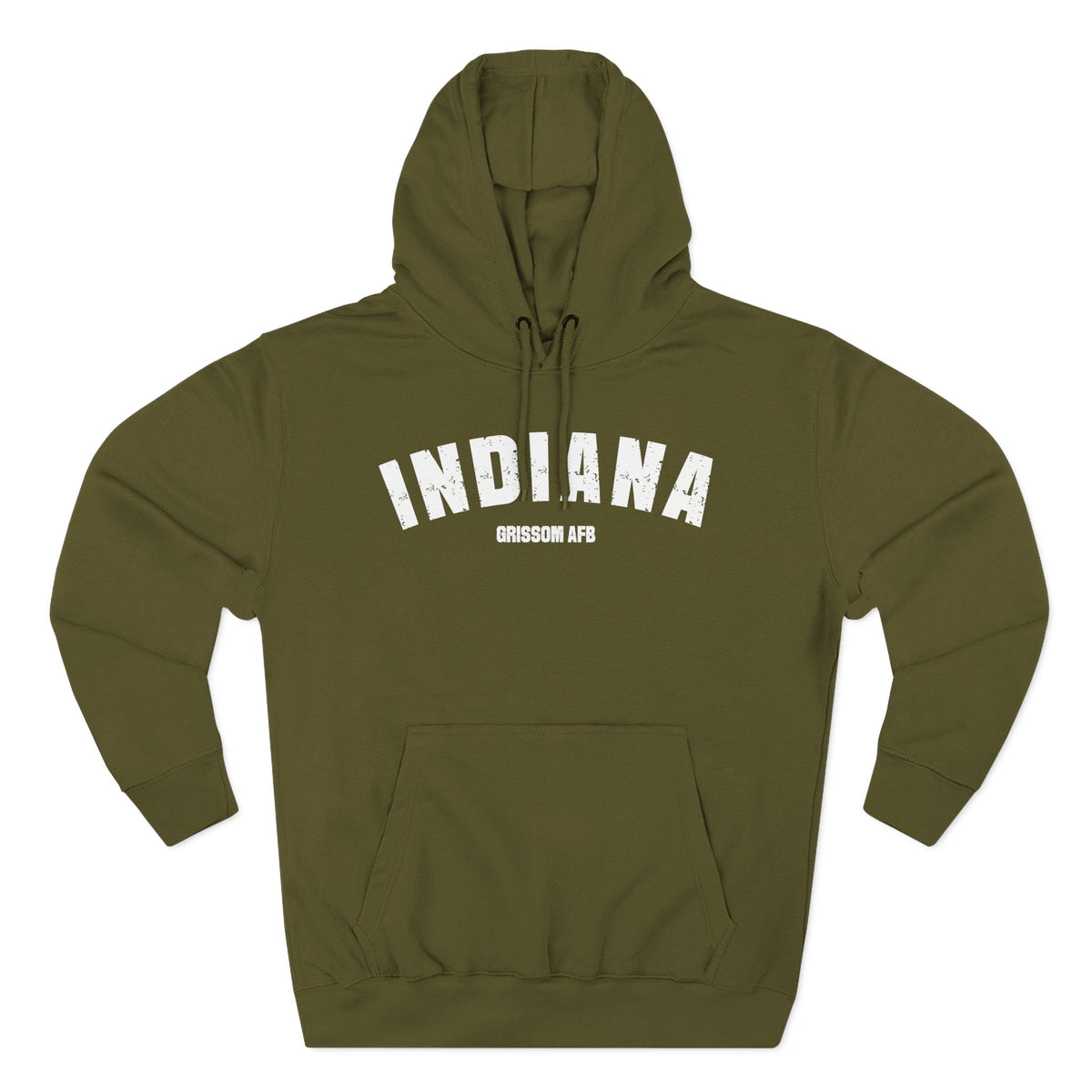 Personalized Indiana hoodie in Army Green laid flat, white varsity INDIANA above a custom base name