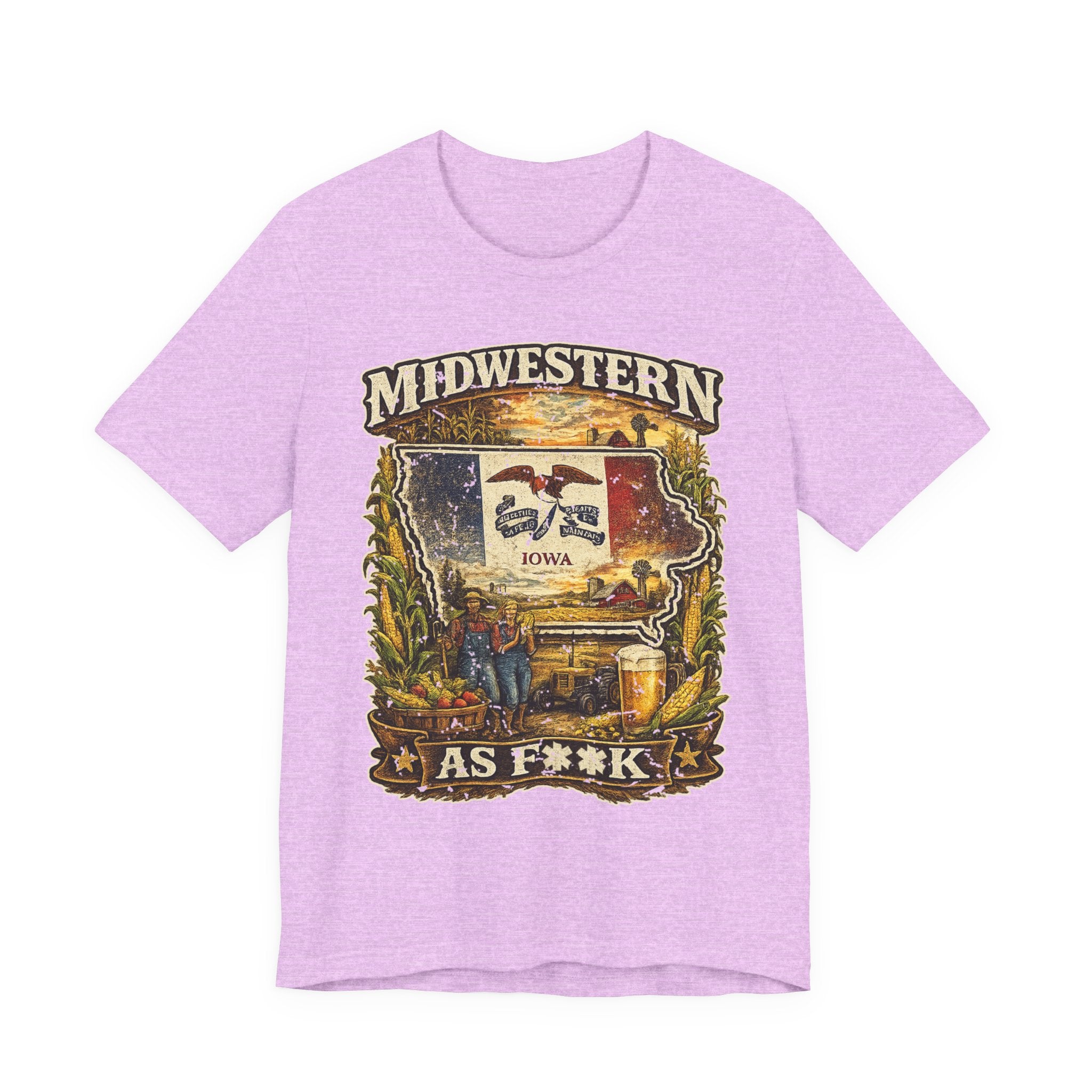 Slightly Salty Midwestern As F**K Iowa T-Shirt in Heather Prism Lilac – a distressed vintage design featuring the outline of Iowa overlaid with the Iowa state flag, surrounded by towering corn stalks, rolling farmland, a classic red barn, a windmill, a tractor, and an overflowing harvest basket