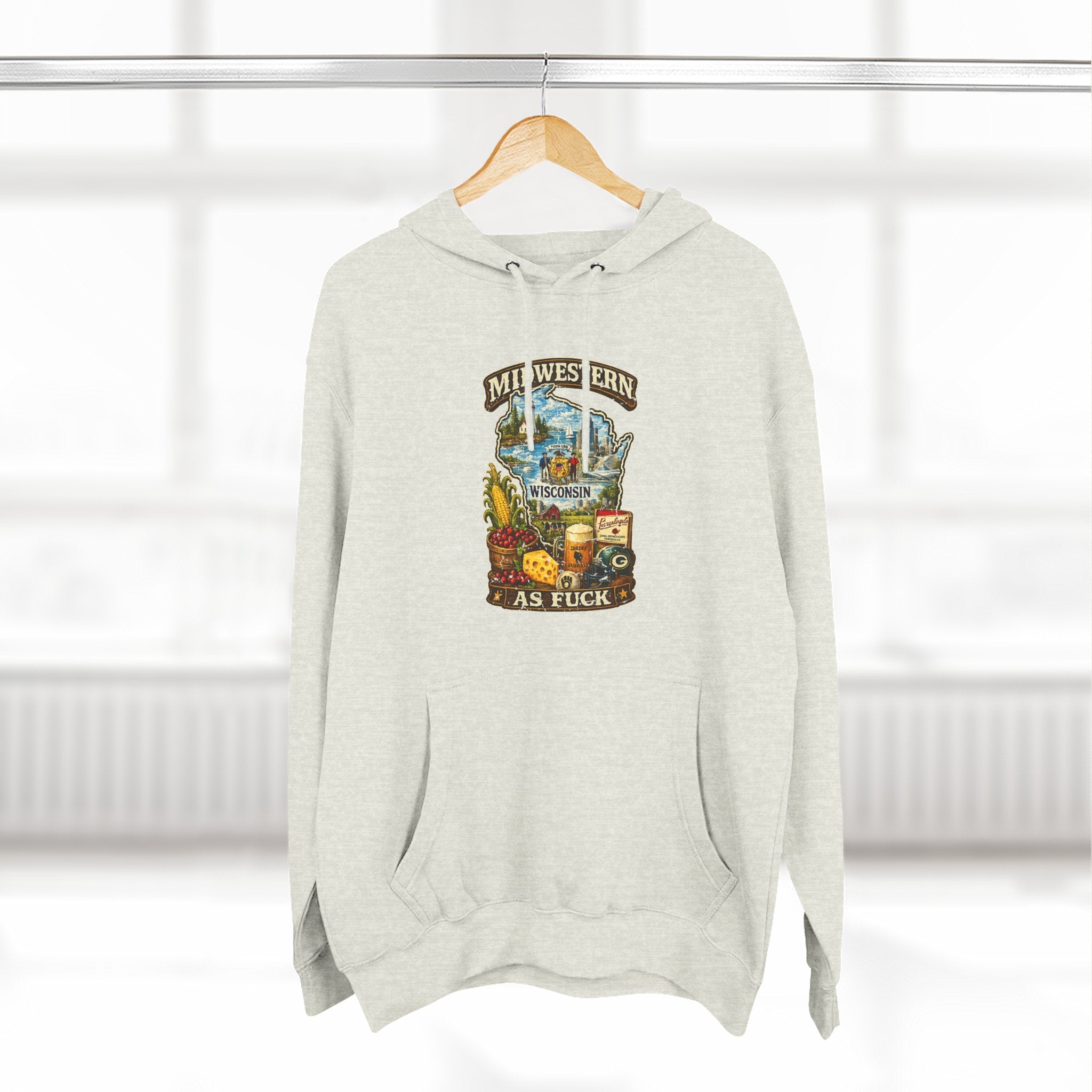Midwestern As Fuck Wisconsin Hoodie | Funny Wisconsin Pride Hoodie | Lane Seven LS14001 3-Panel Fleece | Vintage Cheesehead State Hoodie