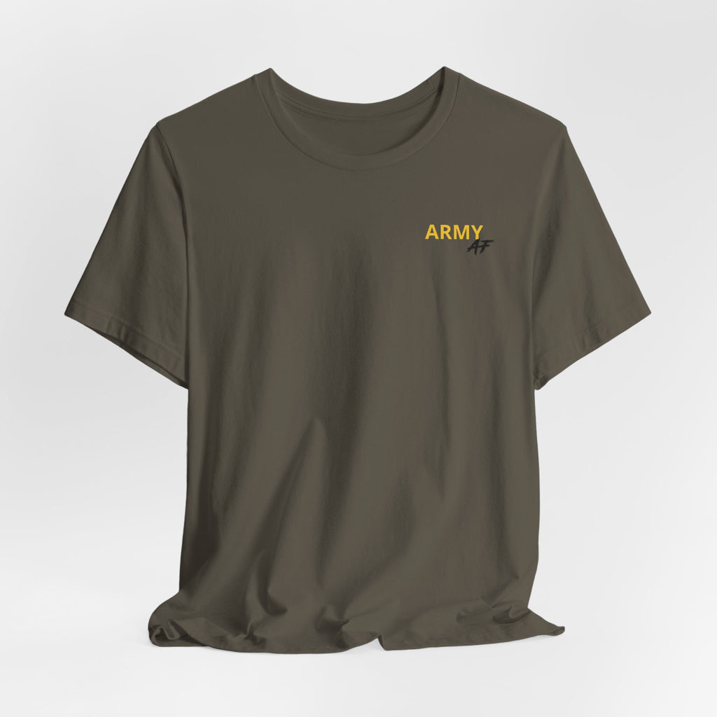 Army veteran T-shirt in Army green shown draped with the gold ARMY chest print