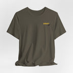 Army veteran T-shirt in Army green shown draped with the gold ARMY chest print