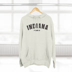 Oatmeal Heather Indiana hoodie on a wooden hanger, charcoal varsity INDIANA above a Ft Wayne IN line