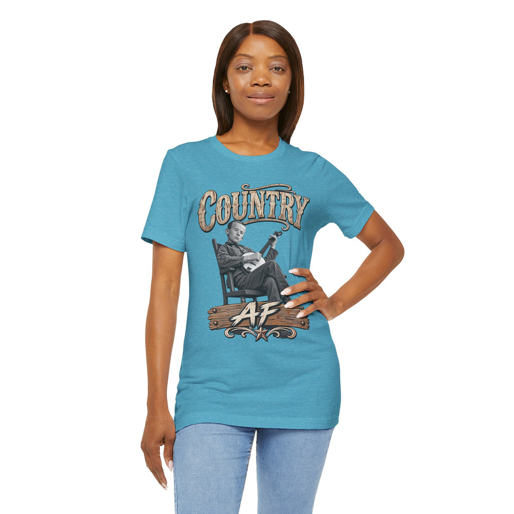 Woman in the Heather Aqua Country AF tee, hand on her hip