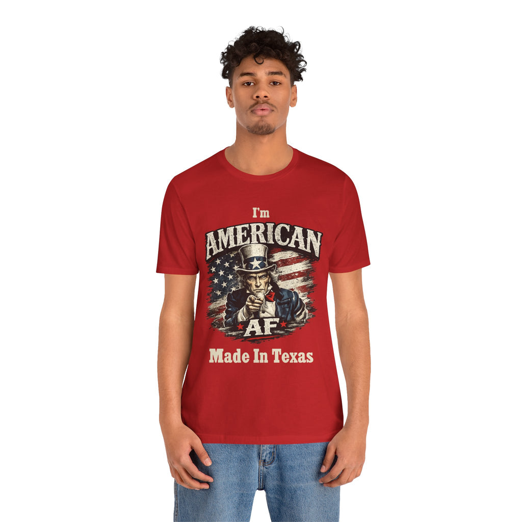 Red t-shirt worn by a male model facing forward, Uncle Sam graphic with AF Made In Texas text on the chest.