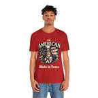 Red t-shirt worn by a male model facing forward, Uncle Sam graphic with AF Made In Texas text on the chest.
