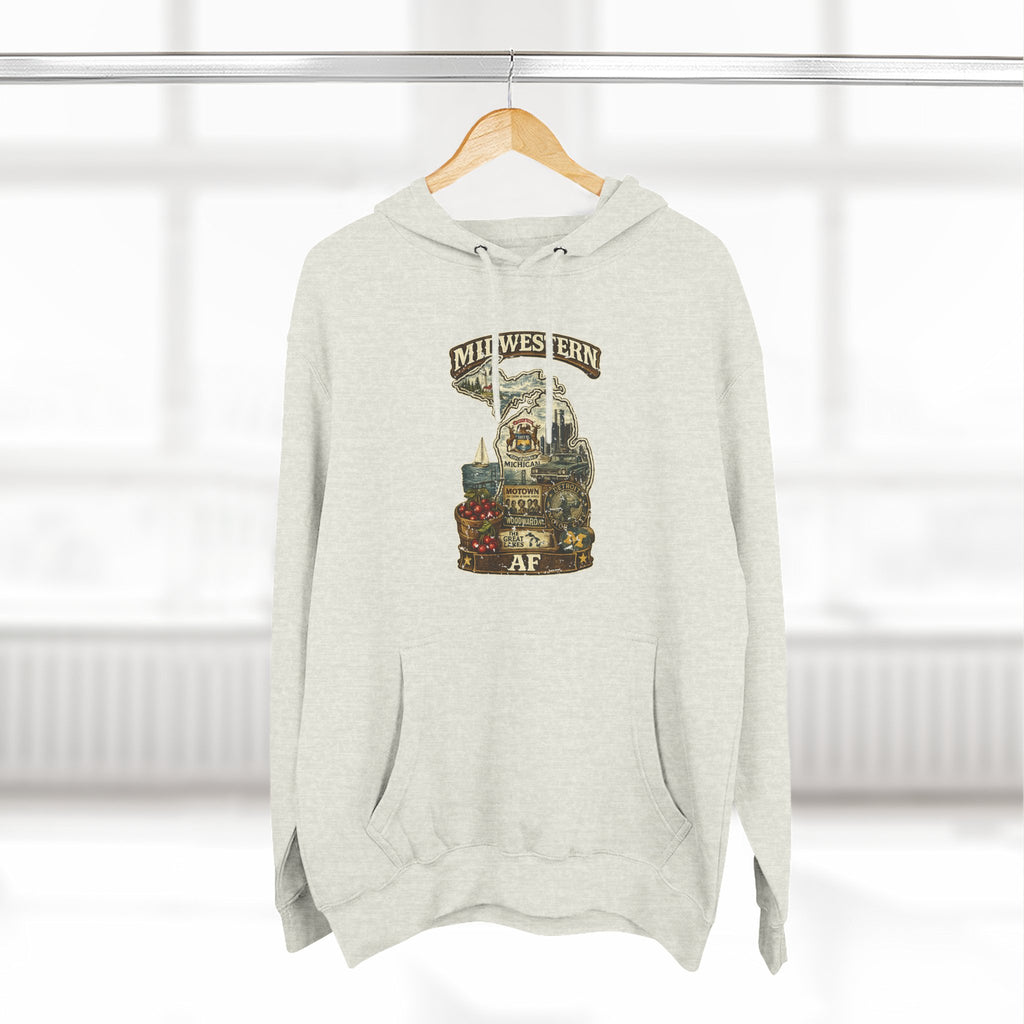 Family Friendly Midwestern AF Michigan Hoodie – product photo 19 featuring a distressed vintage design featuring Michigan's Upper and Lower Peninsulas overlaid with the state outline, surrounded by Detroit's skyline, Woodward Avenue, the Great Lakes, and Traverse City cherries