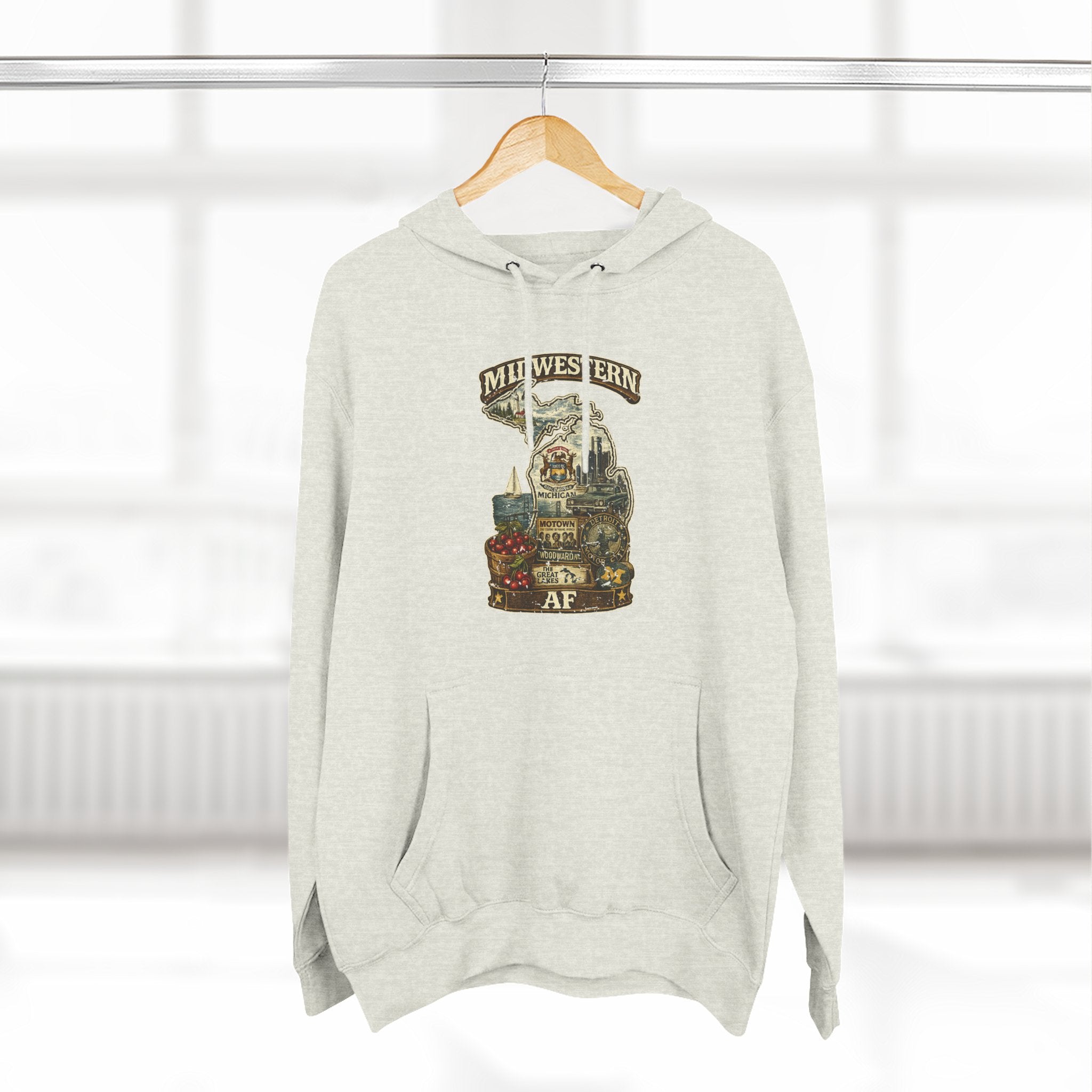 Family Friendly Midwestern AF Michigan Hoodie – product photo 19 featuring a distressed vintage design featuring Michigan's Upper and Lower Peninsulas overlaid with the state outline, surrounded by Detroit's skyline, Woodward Avenue, the Great Lakes, and Traverse City cherries