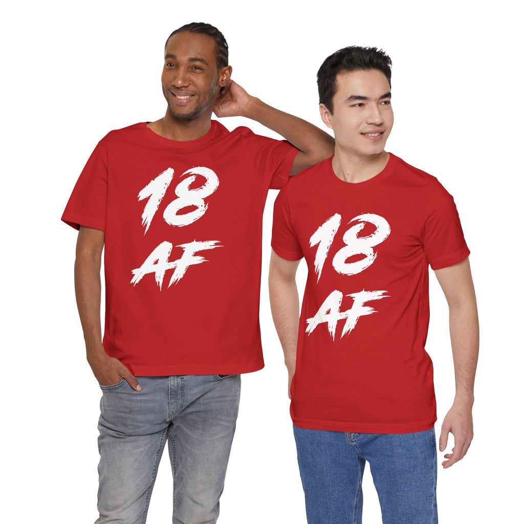 Two young men standing together in red 18 AF birthday t-shirts and jeans