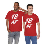 Two young men standing together in red 18 AF birthday t-shirts and jeans