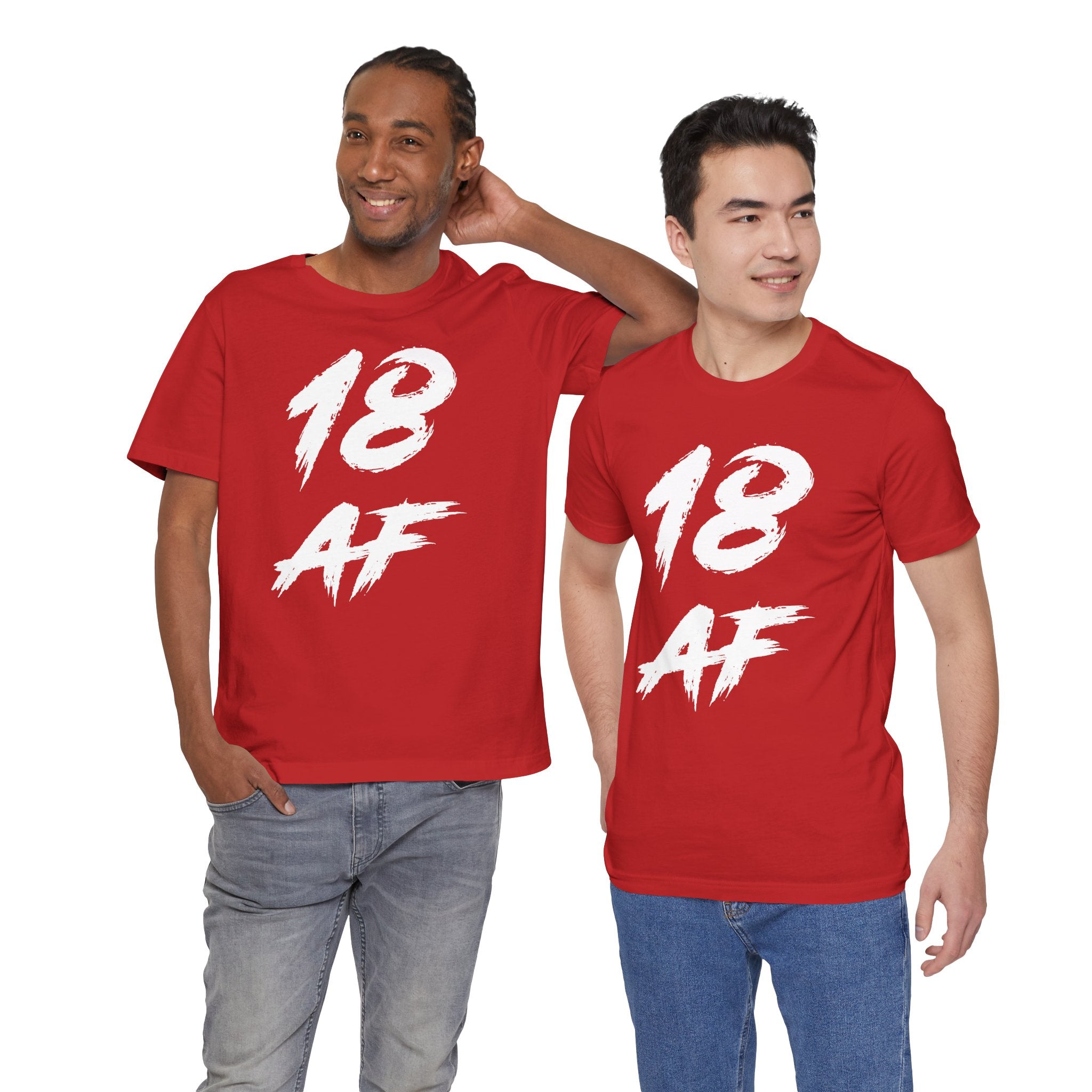 Two young men standing together in red 18 AF birthday t-shirts and jeans