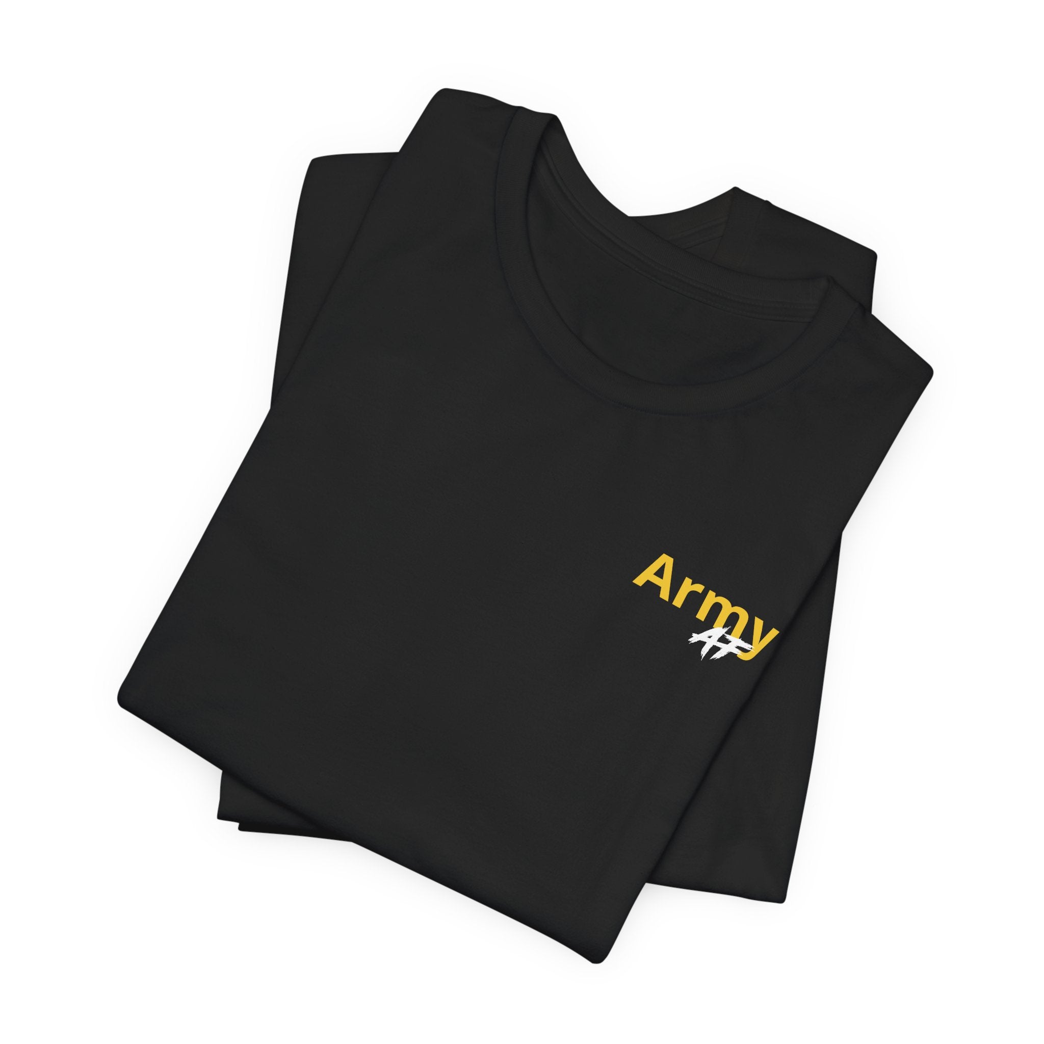 Army veteran T-shirt in Black shown folded with the gold Army AF chest print