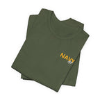 Navy veteran T-shirt in Military Green shown folded with the gold NAVY chest print