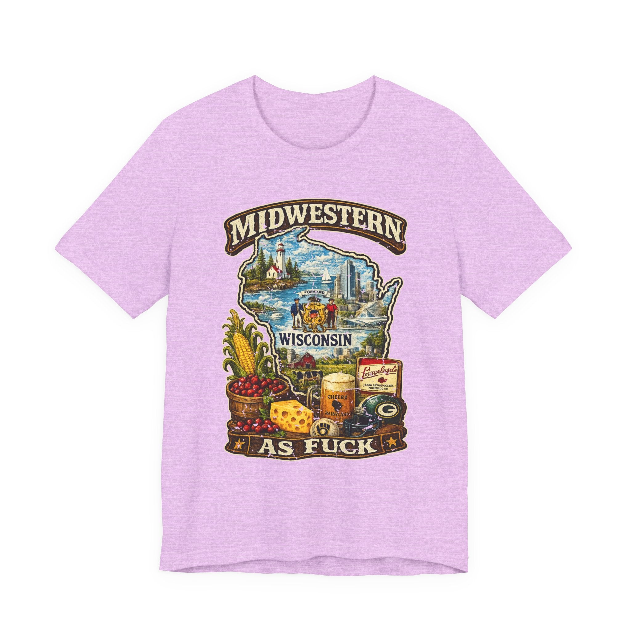 Heather Prism Lilac Midwestern As Fuck Wisconsin T-Shirt, no filter Cheesehead State pride tee