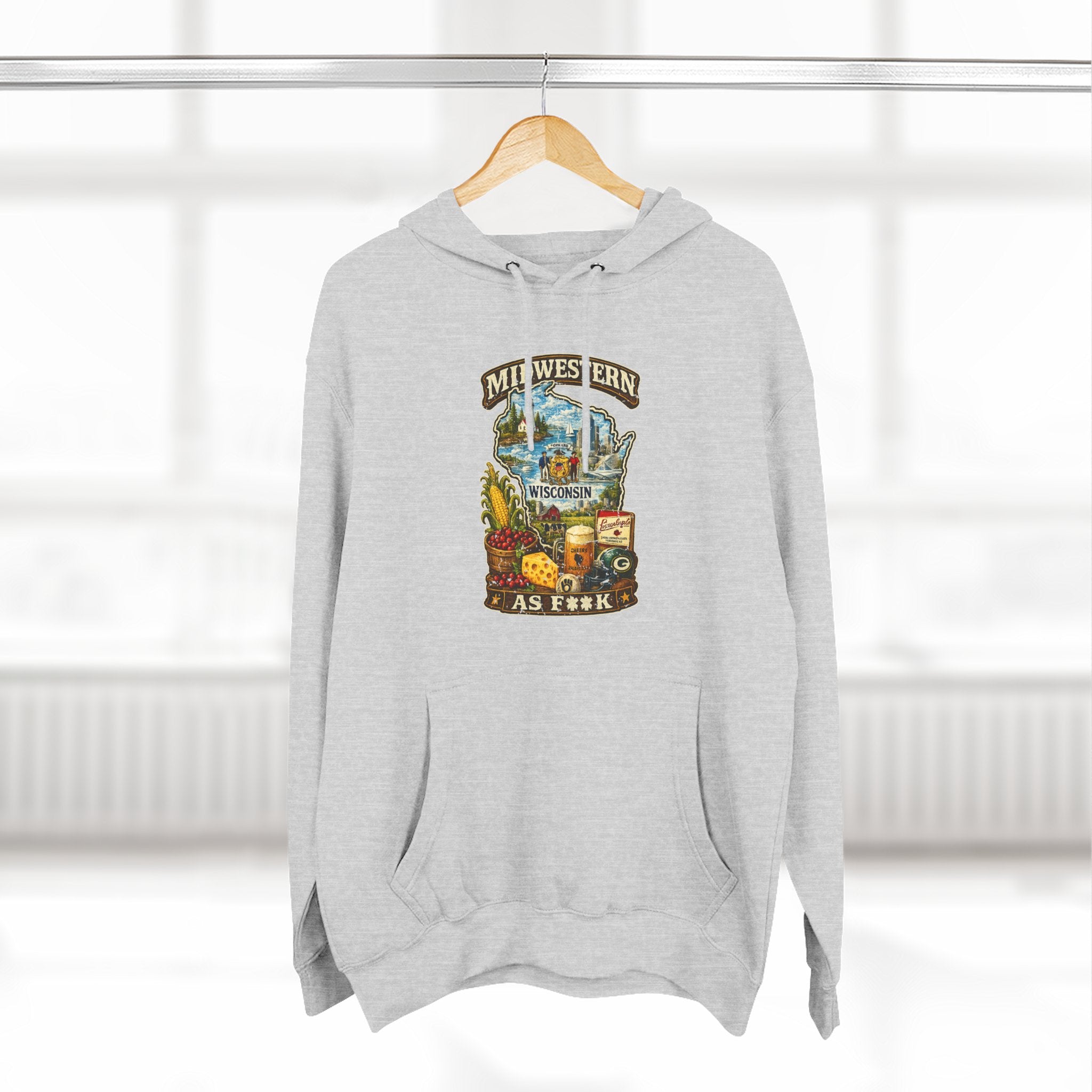 Midwestern As F**K Wisconsin Hoodie | Funny Wisconsin Pride Hoodie | Lane Seven LS14001 3-Panel Fleece | Slightly Salty Cheesehead State Hoodie