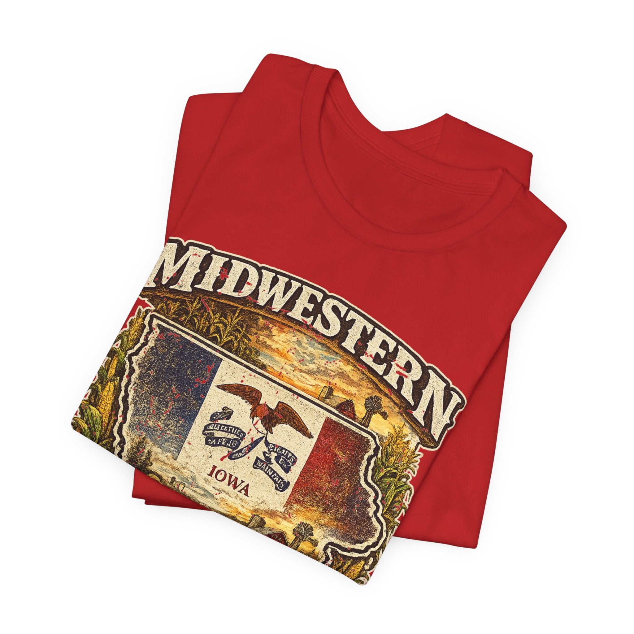 Slightly Salty Midwestern As F**K Iowa T-Shirt – product photo 19 featuring a distressed vintage design featuring the outline of Iowa overlaid with the Iowa state flag, surrounded by towering corn stalks, rolling farmland, a classic red barn, a windmill, a tractor, and an overflowing harvest basket