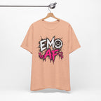 Heather Peach EMO AF T-Shirt on a wooden hanger against a light wall