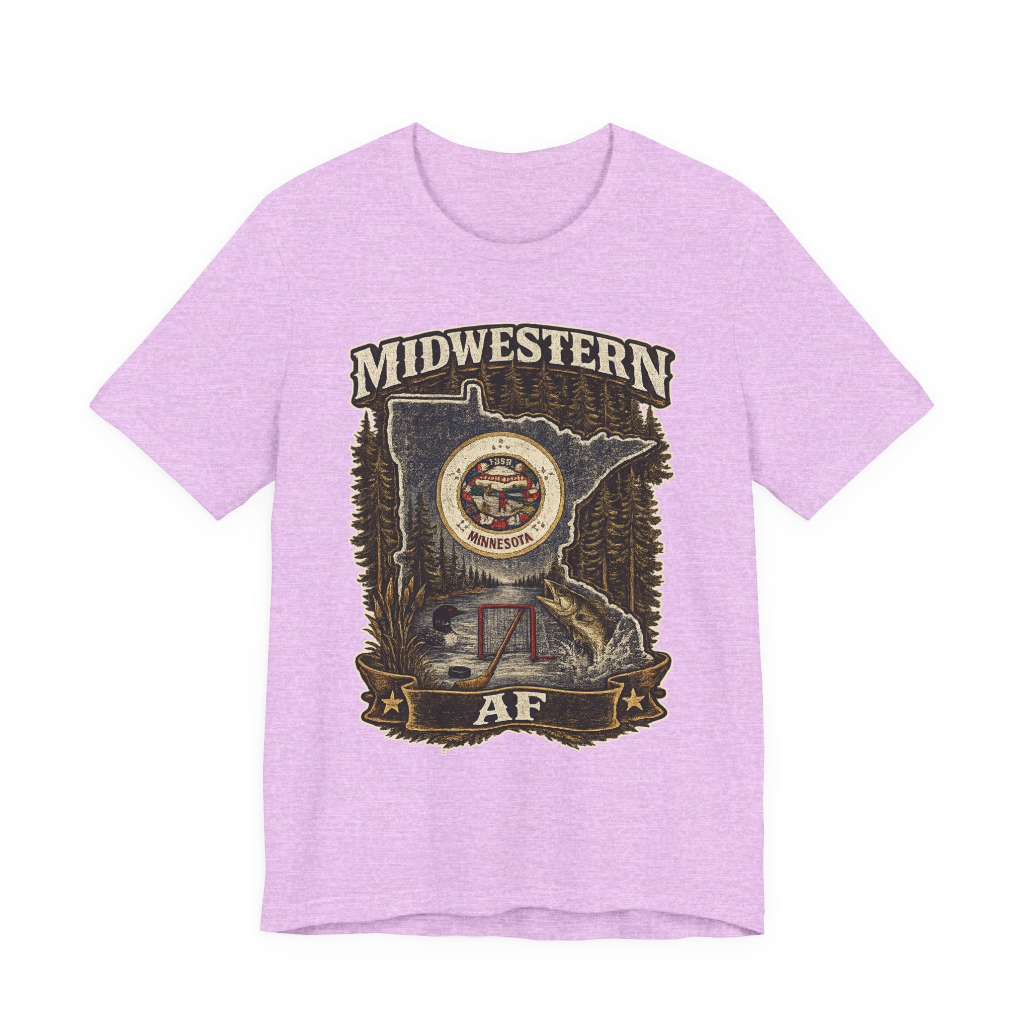 Family Friendly Midwestern AF Minnesota T-Shirt in Heather Prism Lilac – distressed Minnesota state flag design with pine trees, loon and walleye