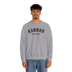 Man wearing the sport grey Kansas sweatshirt, varsity KANSAS above the words MIDWESTERN GOODBYE