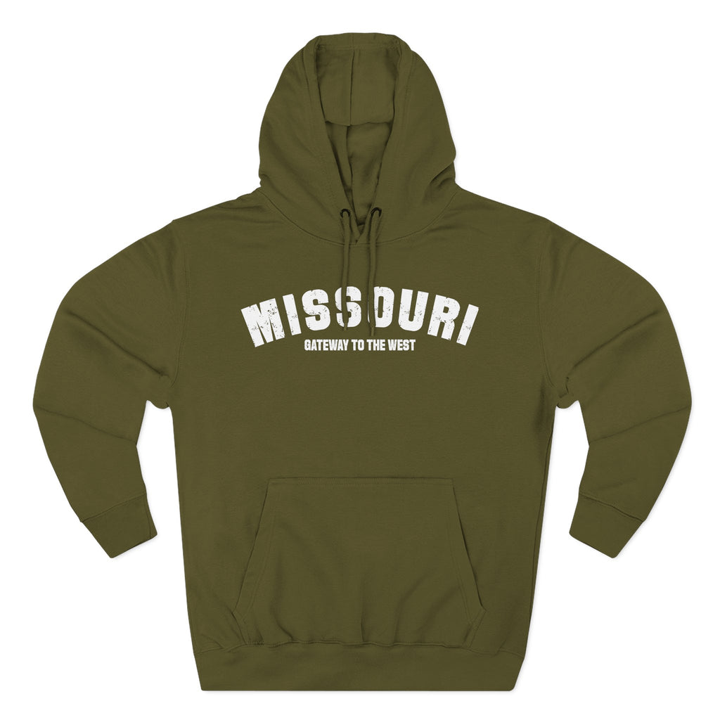 Army green Missouri hoodie laid flat, white varsity MISSOURI above the words GATEWAY TO THE WEST