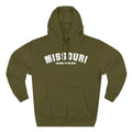 Army green Missouri hoodie laid flat, white varsity MISSOURI above the words GATEWAY TO THE WEST