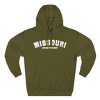 Army green Missouri hoodie laid flat, white varsity MISSOURI above the words GATEWAY TO THE WEST