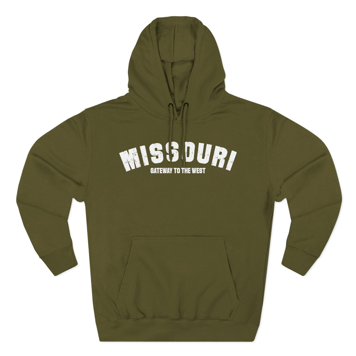 Army green Missouri hoodie laid flat, white varsity MISSOURI above the words GATEWAY TO THE WEST