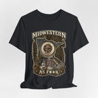 Slightly Salty Midwestern As F**K Minnesota T-Shirt – product photo 28 featuring the distressed state flag, pine trees, loon and walleye design