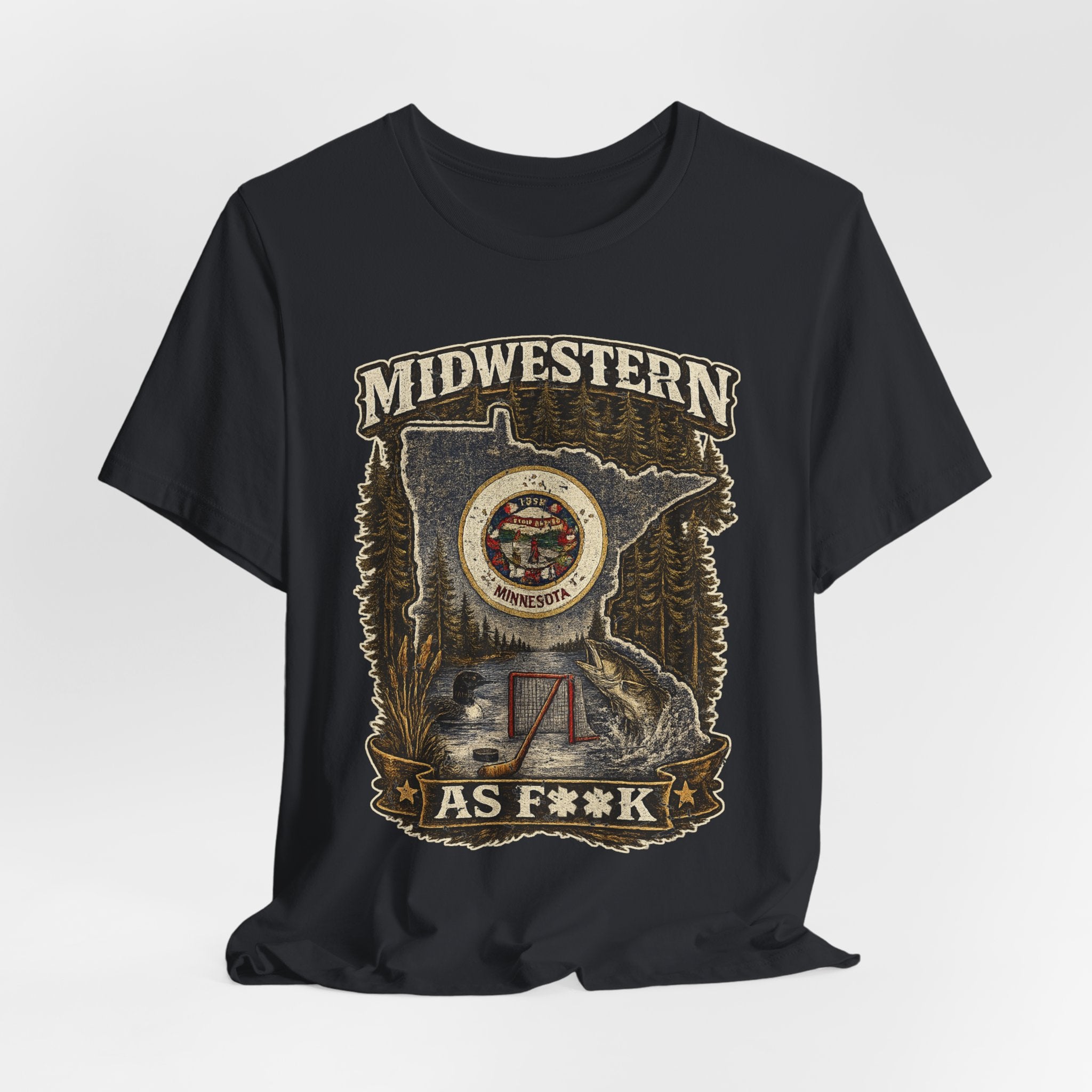 Slightly Salty Midwestern As F**K Minnesota T-Shirt – product photo 28 featuring the distressed state flag, pine trees, loon and walleye design
