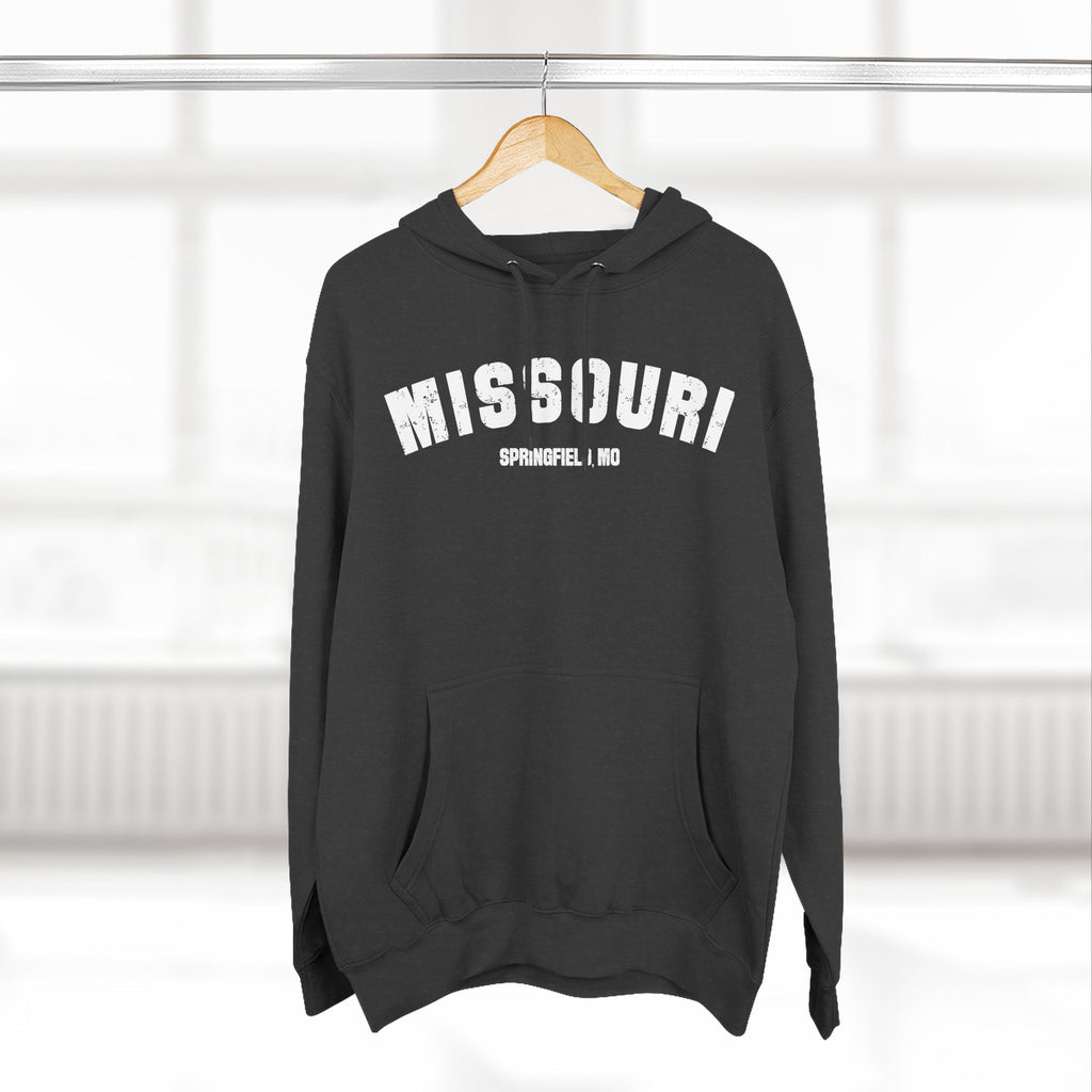 Charcoal Missouri hoodie on a hanger, white varsity MISSOURI lettering over SPRINGFIELD MO