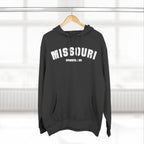 Charcoal Missouri hoodie on a hanger, white varsity MISSOURI lettering over SPRINGFIELD MO