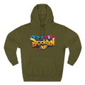 Army Green hoodie, flat lay front view, with graffiti-style Brooklyn AF logo and NYC skyline paint-splash print.