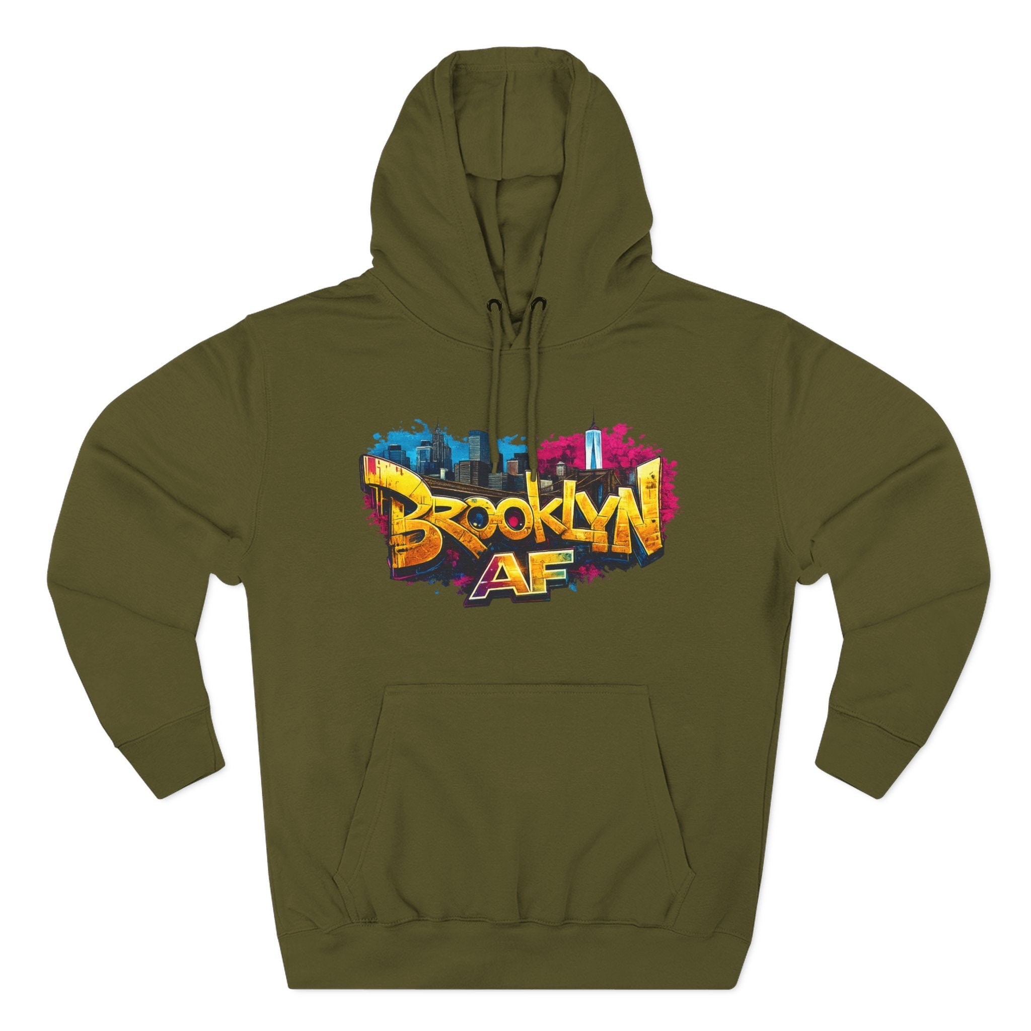 Army Green hoodie, flat lay front view, with graffiti-style Brooklyn AF logo and NYC skyline paint-splash print.