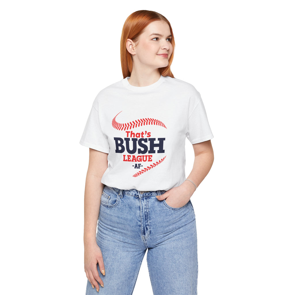 Woman wearing the White Bush League AF baseball tee with light jeans