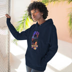 Navy hoodie worn by a model, three-quarter view, featuring the oversized B Brooklyn Bridge skyline graphic.