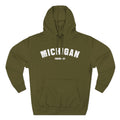 Army green Michigan pride hoodie laid flat, white varsity MICHIGAN above the Upper Peninsula line YOOPER - UP