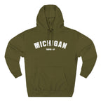 Army green Michigan pride hoodie laid flat, white varsity MICHIGAN above the Upper Peninsula line YOOPER - UP