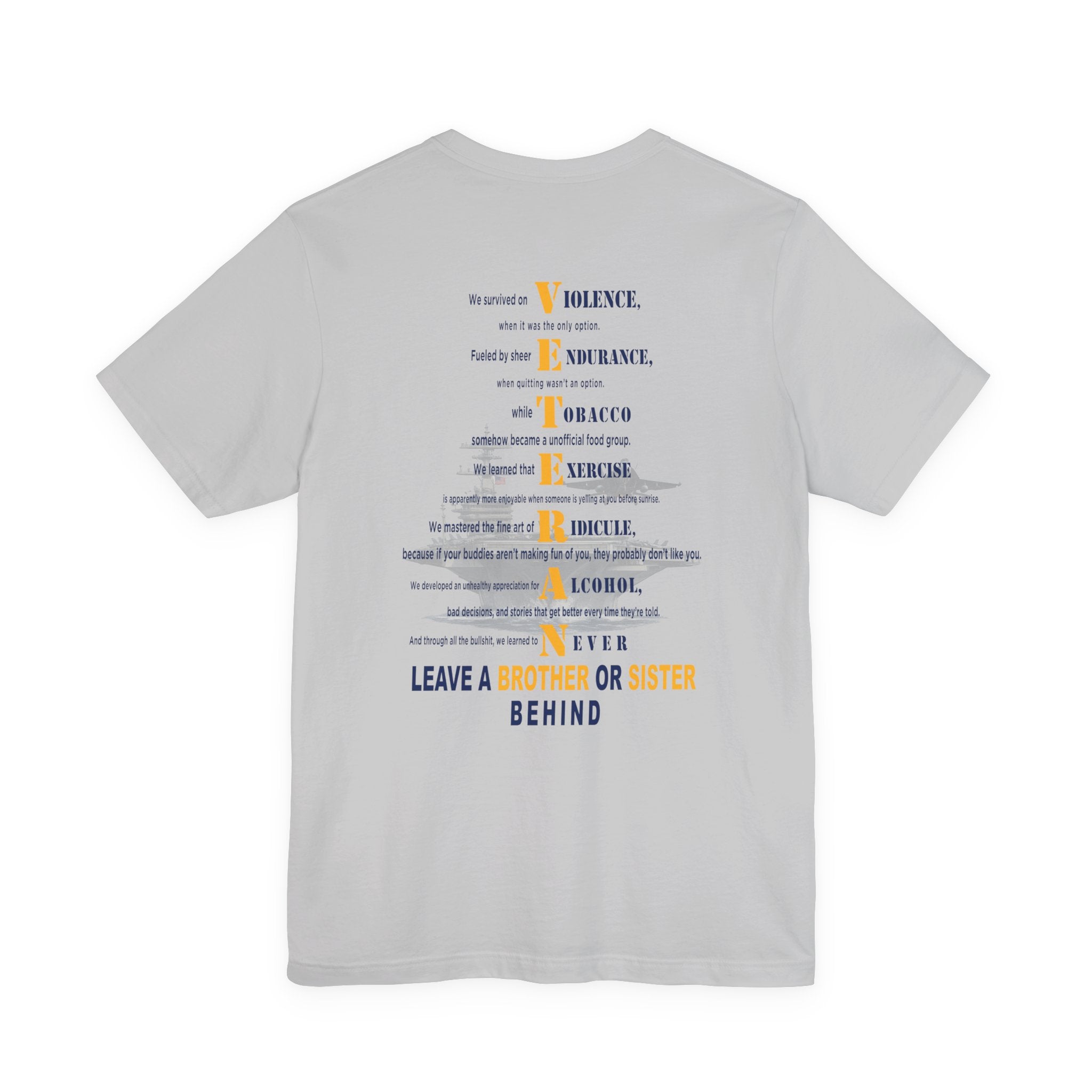 Navy veteran tee in Solid Athletic Grey, VETERAN back print over a faded aircraft carrier