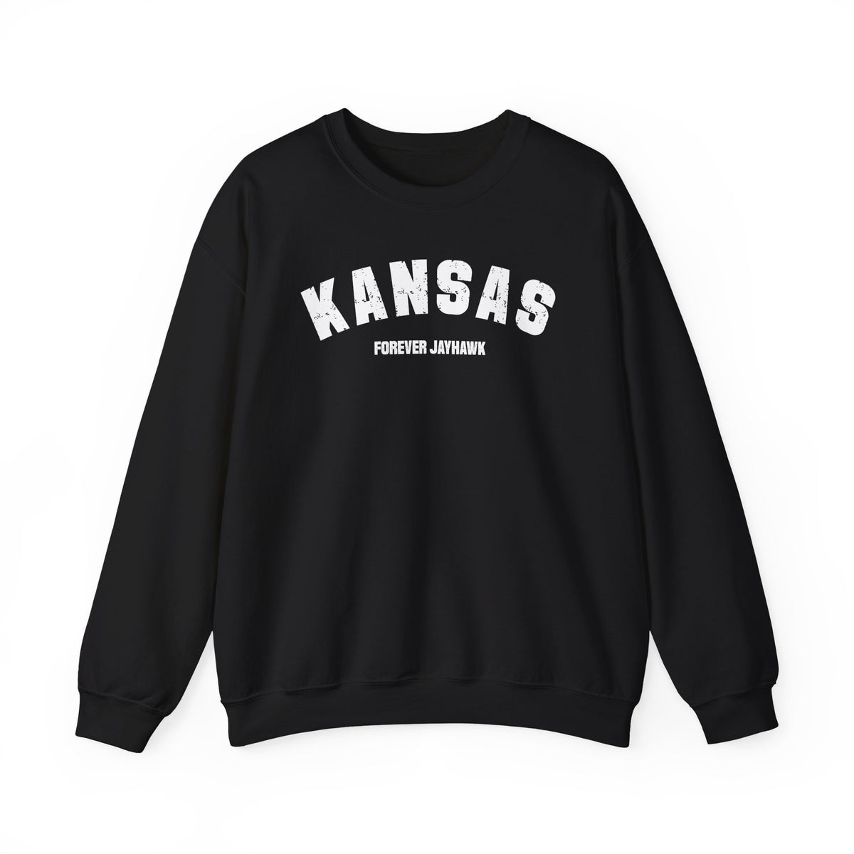 Black custom Kansas crewneck laid flat, white varsity KANSAS lettering above a sample personalization line