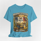 Slightly Salty Midwestern As F**K Iowa T-Shirt – product photo 14 featuring a distressed vintage design featuring the outline of Iowa overlaid with the Iowa state flag, surrounded by towering corn stalks, rolling farmland, a classic red barn, a windmill, a tractor, and an overflowing harvest basket