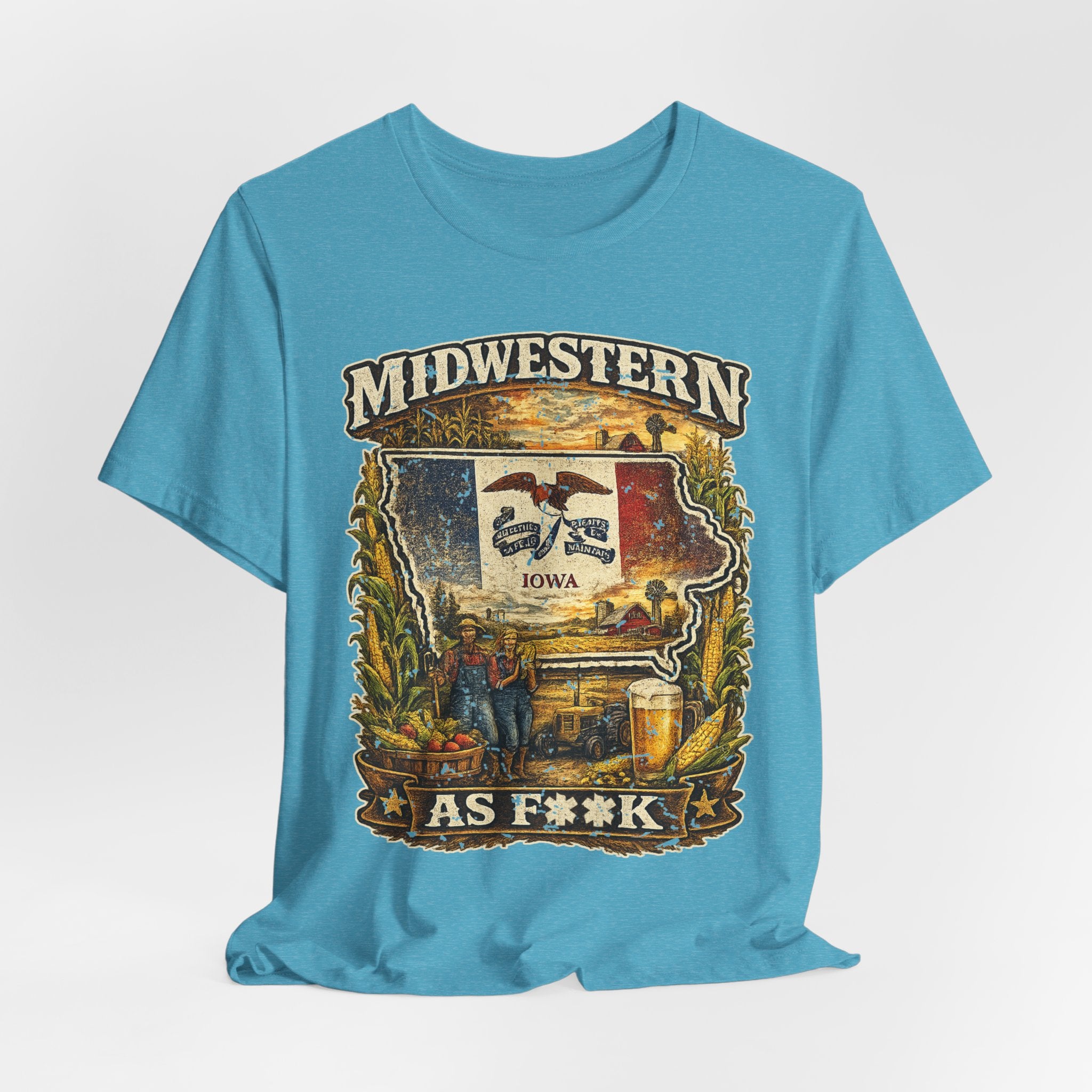 Slightly Salty Midwestern As F**K Iowa T-Shirt – product photo 14 featuring a distressed vintage design featuring the outline of Iowa overlaid with the Iowa state flag, surrounded by towering corn stalks, rolling farmland, a classic red barn, a windmill, a tractor, and an overflowing harvest basket