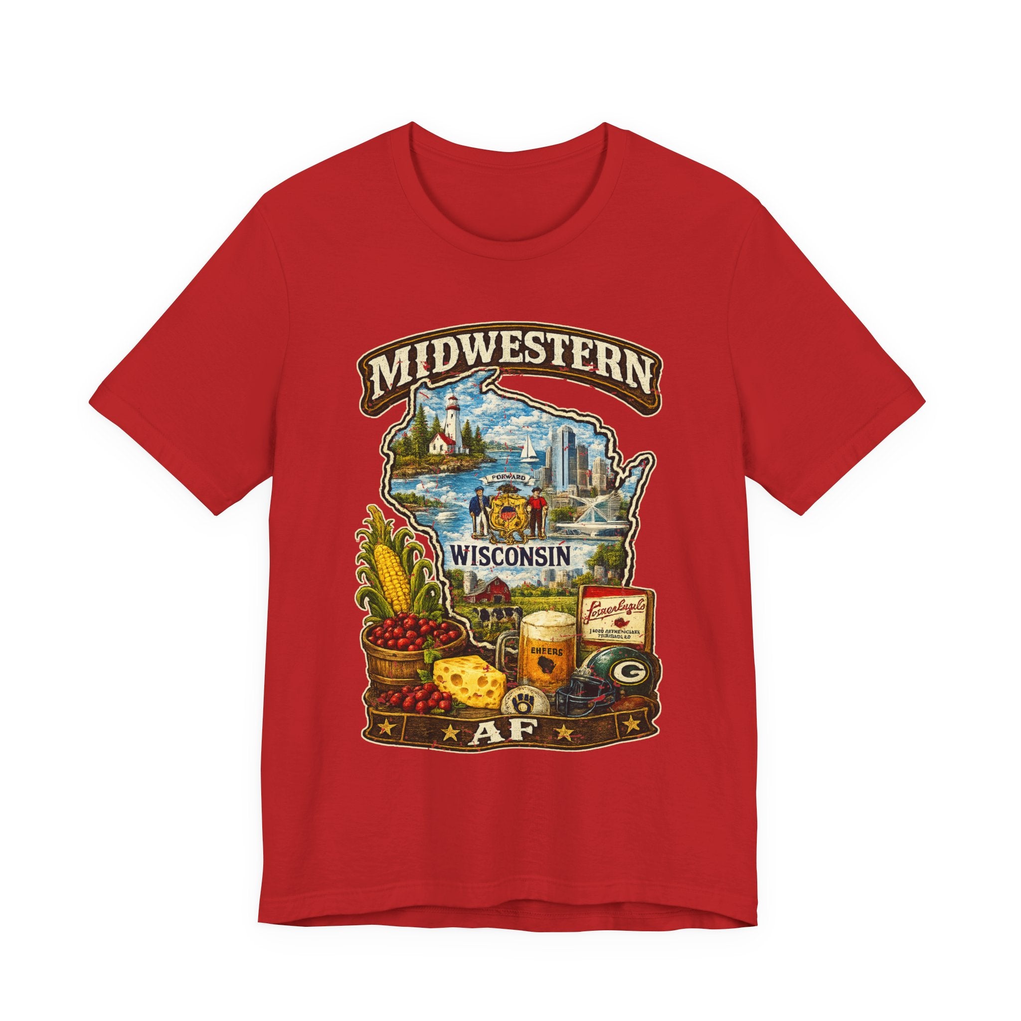 Red Midwestern AF Wisconsin T-Shirt, family friendly Cheesehead State pride tee