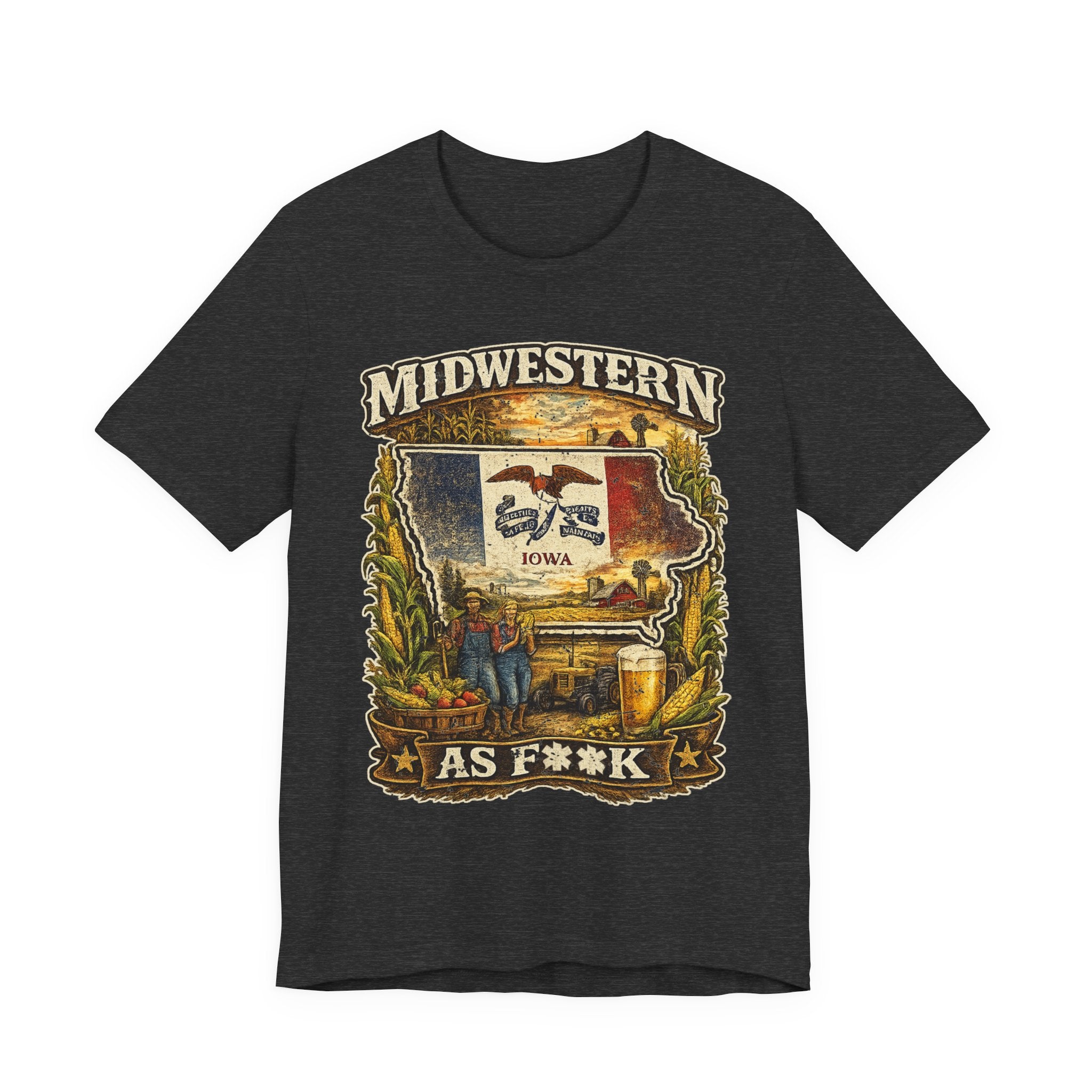 Slightly Salty Midwestern As F**K Iowa T-Shirt in Dark Grey Heather – a distressed vintage design featuring the outline of Iowa overlaid with the Iowa state flag, surrounded by towering corn stalks, rolling farmland, a classic red barn, a windmill, a tractor, and an overflowing harvest basket