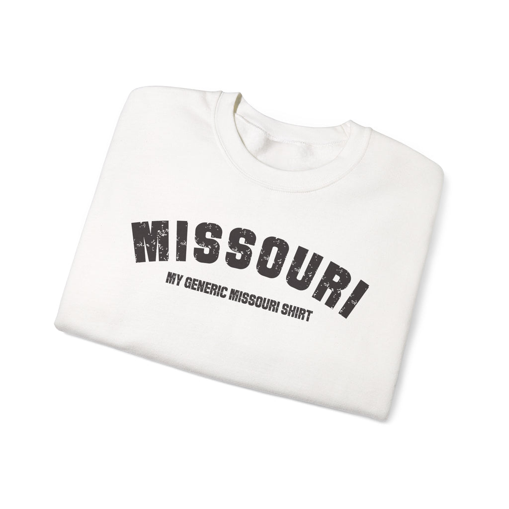 White Missouri crewneck folded, showing the distressed MISSOURI arch and MY GENERIC MISSOURI SHIRT