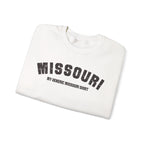 White Missouri crewneck folded, showing the distressed MISSOURI arch and MY GENERIC MISSOURI SHIRT