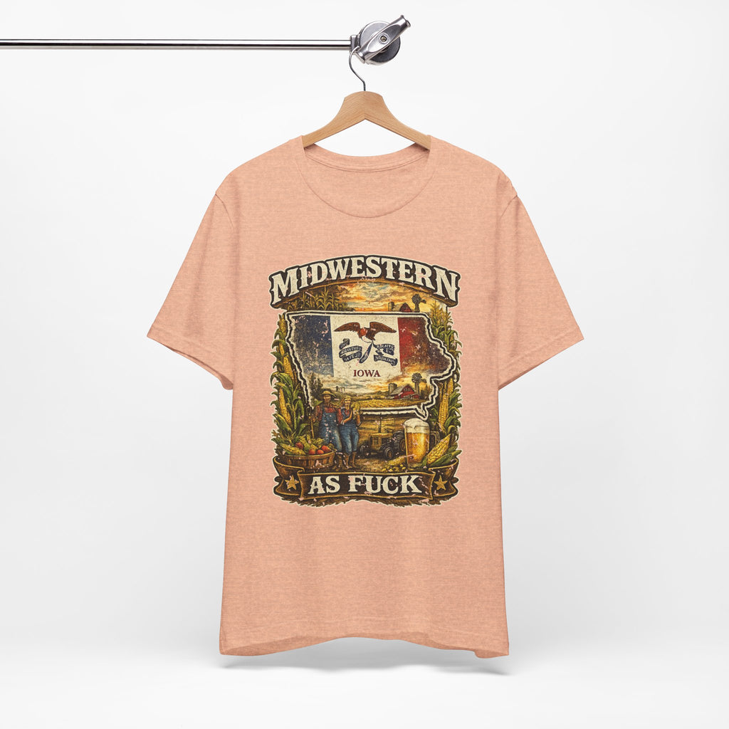 Midwestern As Fuck Iowa T-Shirt – product photo 9 featuring a distressed vintage design featuring the outline of Iowa overlaid with the Iowa state flag, surrounded by towering corn stalks, rolling farmland, a classic red barn, a windmill, a tractor, and an overflowing harvest basket