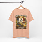 Midwestern As Fuck Iowa T-Shirt – product photo 9 featuring a distressed vintage design featuring the outline of Iowa overlaid with the Iowa state flag, surrounded by towering corn stalks, rolling farmland, a classic red barn, a windmill, a tractor, and an overflowing harvest basket