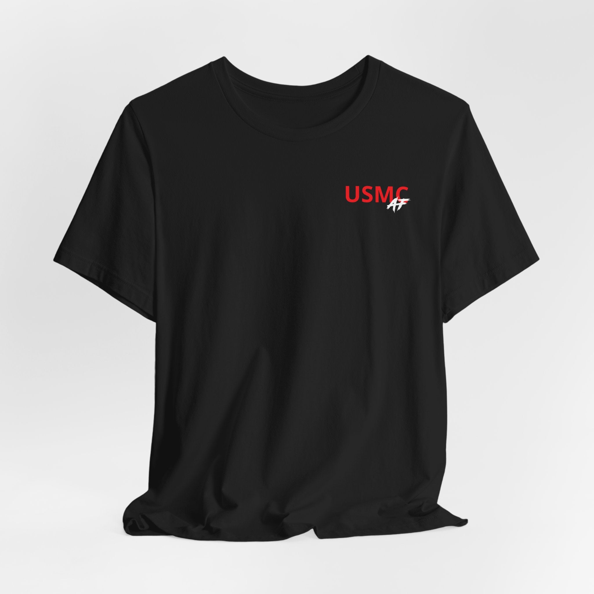Marine Corps veteran T-shirt in Black shown draped with the personalized USMC AF chest print